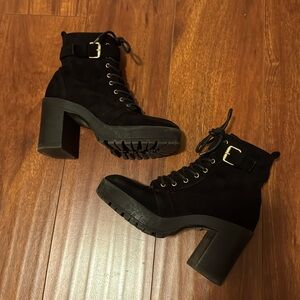 Forever 21. Chunky heel boots. Combat style. Buckle. Zipper. Laces.